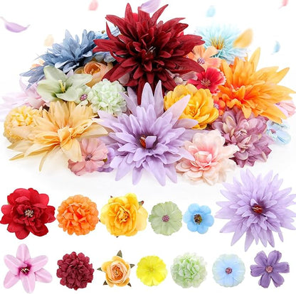 80 Pcs Assorted Fake Flower Heads Mini Artificial Flower Heads Bulk Silk Faux Daisy for Crafts Fake Peony Rose for Wedding Party Wreath Home Decoration(Assorted Color)