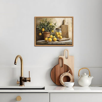 Floating Framed Vintage Kitchen Wall Art, Yellow Lemon Still Life Wall Decor Oil Paintings, Rustic Farmhouse Artwork Canvas Posters Prints Pictures for Living Room Bedroom Home Decor 16x24 Inch