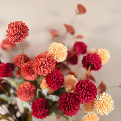 RyddeligHome Fall Flowers, Burnt Orange Faux Kiku Flowers Artificial 10 Stems + Eucalyptus, Fake Red Orange Mums Floral Centerpiece, Terracotta Mini Balls Faux Stems for Vase, Decoración de Otoño