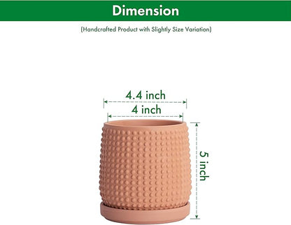 D'vine Dev Set of 2 Ceramic Plants Pots, 4 Inch Beaded Stoneware Flower Pot for Plants with Drainage Hole and Saucer, Terracotta, 27-E-Z-7