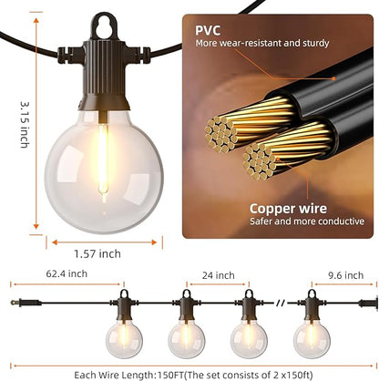 Kawaya 300FT Outdoor String Lights - LED Waterproof Patio Light for Outside with 146+4 G40 Globe Blubs - Shatterproof Hanging Lights for Porch Bistro Backyard Gazebo Balcony Cafe