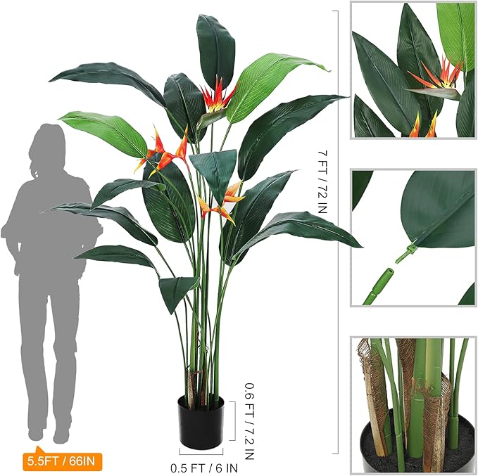 7ft Artificial Bird of Paradise Plant, Tall Faux Plants with 17 Faux Leaves and 3 Blooming Flowers, Artificial Plants Indoor with Black Nursery Pot for Home Decor Office Living Room 1 Pack