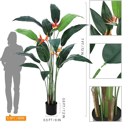 7ft Artificial Bird of Paradise Plant, Tall Faux Plants with 17 Faux Leaves and 3 Blooming Flowers, Artificial Plants Indoor with Black Nursery Pot for Home Decor Office Living Room 1 Pack