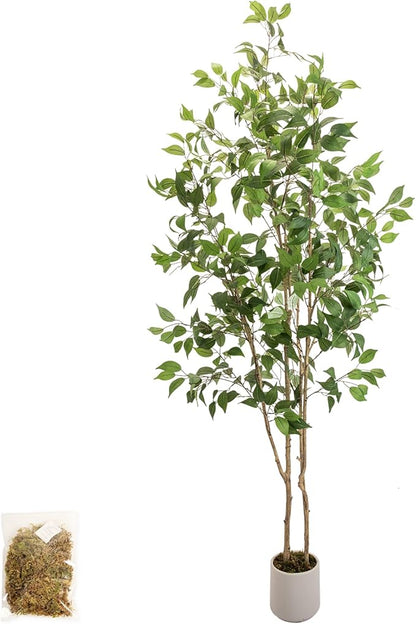 Artificial Fake Ficus Tree 7FT Tall 1Pack with White Planter & Free Moss, Artificial Plants Indoor, Artificial Trees for Home Decor Indoor, Faux Ficus Tree