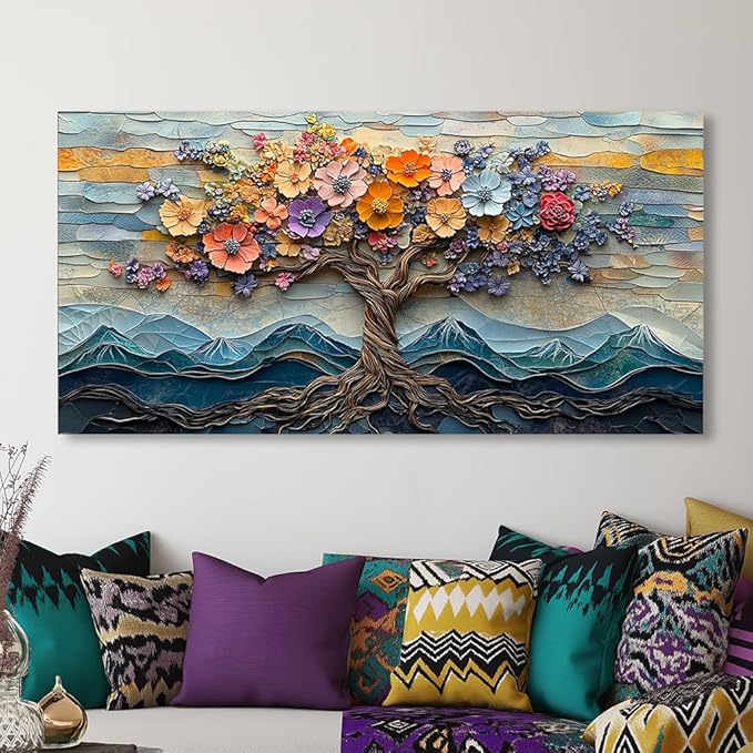 Floral Flower Tree Canvas Wall Art Colorful Tree of Life Painting Prints for Living Room Colorful Abstract Blooming Tree Flower Pictures Wall Décor Bedroom Farmhouse Home Decor Ready to Hang (30x60 Inches)