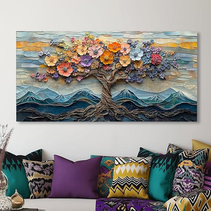 Floral Flower Tree Canvas Wall Art Colorful Tree of Life Painting Prints for Living Room Colorful Abstract Blooming Tree Flower Pictures Wall Décor Bedroom Farmhouse Home Decor Ready to Hang (20x40 Inches)