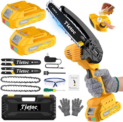 Mini Chainsaw Cordless,6-Inch Electric Chainsaw with 2 Battery 2 Chains,Battery Powered Handheld Chain Saw with Automatic Oiler, for Tree Trimming,Cutting Wood,Garden Tool,Gift for Men Father Husband