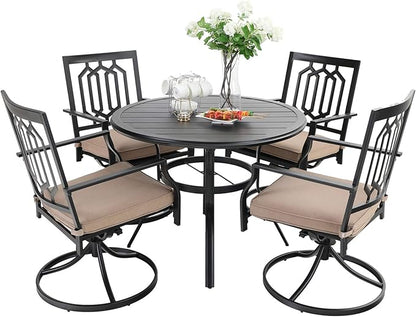 MFSTDIO 5 Piece Metal Patio Dining Set, 4 Swivel Armrest Chairs with Cushion and 37.8" Round Table with 1.57" Umbrella Hole Outdoor Furniture Set,Black
