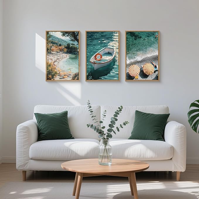 Natural Coastal Ocean Framed Canvas Wall Art Set,Mediterranean Amalfi Blue Green Beach Seascape Decor,Modern Summer Seaside Boat & Umbrella Artwork for Living Room,Bedroom,Farmhouse- 24"x36"x3