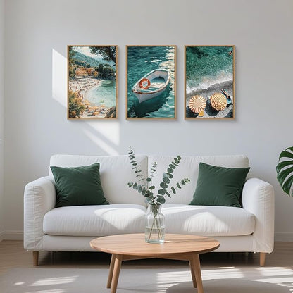 Natural Coastal Ocean Framed Canvas Wall Art Set,Mediterranean Amalfi Blue Green Beach Seascape Decor,Modern Summer Seaside Boat & Umbrella Artwork for Living Room,Bedroom,Farmhouse- 24"x36"x3