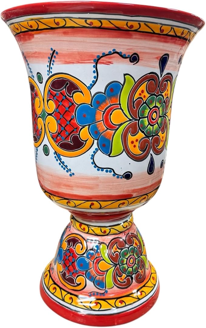 Talavera Tall Planter Large Flower Pot Mexican Pottery Folk Art Indoor Outdoor Home Decor Multicolor Handmade Made in Mexico Ceramic 22" Red