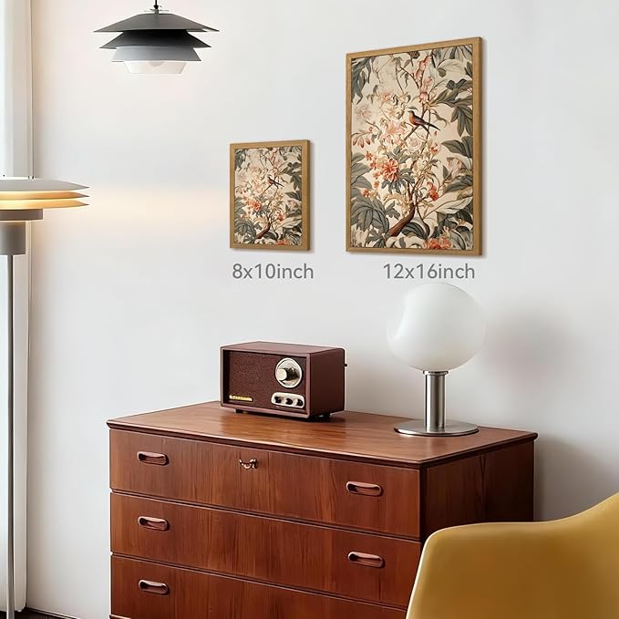 CAZLOUC Vintage Neutral Botanical Wall Art, Retro Beige Green Wall Decor, Garden Bird Floral Canvas Artwork, Classic Botanical Nature Poster Print for Living Room Bedroom Wood Framed 8x10 Inch