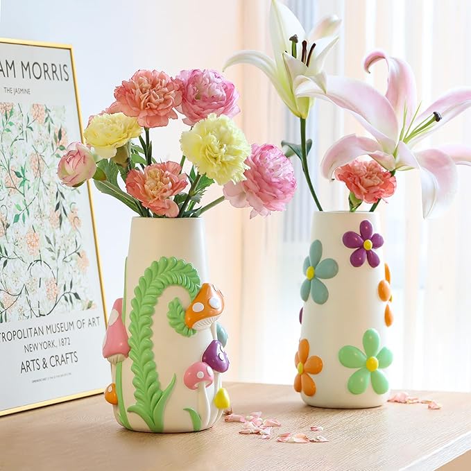 GUGUGO Pastel Mushrooms Vase for Flower, 8-Inch-Tall Rainbow Funky Mushroom Decor, Eclectic Vases for Flowers, Unique Colorful Decorative Vase, Cute Room Decor Aesthetic