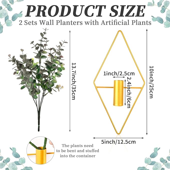 Wall Decor Hanging Planters with Artificial Plants, Modern Metal Wall Planter Set with Greenery Eucalyptus, Geometric Fake Plants for Gold Decor Living Room Aesthetic (2 Pcs)