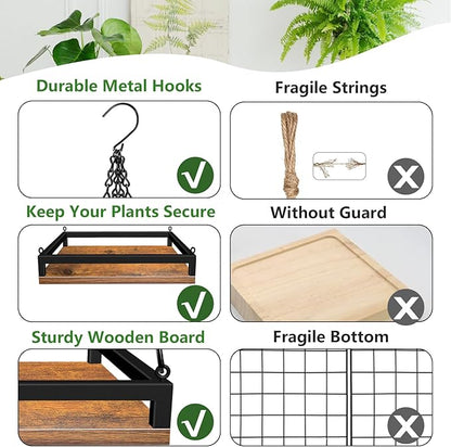 Plant Hanger Indoor, 11.8" Wooden Hanging Plant Holder with Metal Frame Hanging Planter for Indoor Plants Load 50LB Hanging Plant Shelf with 27.6" Long Chain, Ideal for Heavier Pots Ceiling（2 pack）