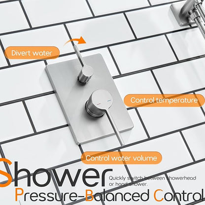 Shower Faucet Mixer Set Includes 10-Inch Rained Shower Head, 3-Setting Handheld Spray and Pressure Balance Valve Wall Mounted Brushed Nickel SF001BR-D10