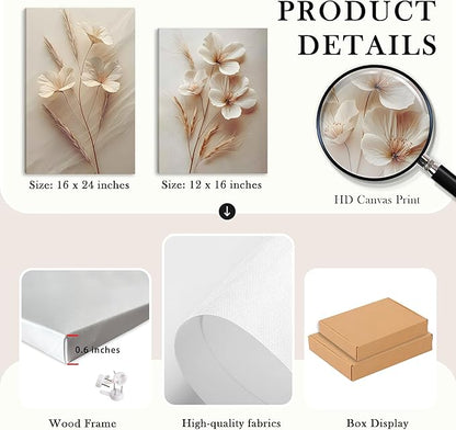 FYLDPSB 3Pcs Unframed Neutral Beige Floral Canvas Wall art, Modern Simple Texture Plant Painting Wall Decor, Vintage Flower Poster Prints for Living Room Bedroom Farmhouse Ready to Hang 16''L x 12''W