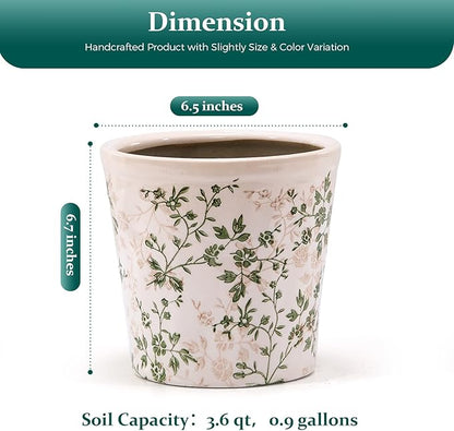 Ceramic Planter with Drainage Hole, Plastic Tray & Mesh, 6.7 Inch - Indoor/Outdoor Flower Pot for Orchids, Succulents, Green Floral Modern Farmhouse Décor for Home,Office and Garden, Ideal Gift