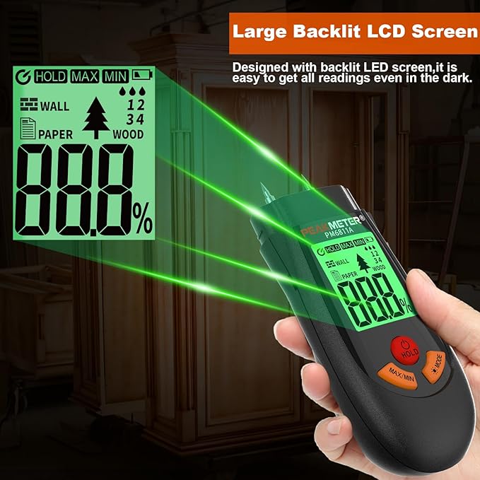 Wood Moisture Meter, with battery and LCD display, suitable for quick determination of moisture content of many types of logs, paper, plywood, plaster walls, floor coverings, etc.