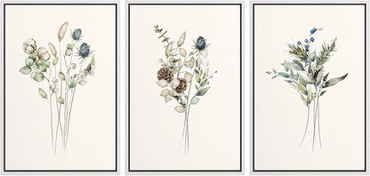 Ashbrook Framed Canvas Print Wall Art Set Wildflower Bouquet Nature Wilderness Illustrations Modern Art Decorative Floral Botanical Minimal Calm/Relax/Cozy for Bedroom - 24"x36"x3 WHITE
