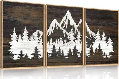 LHIUEM Large Mountain Tree Framed Canvas Wall Art Set,Modern White Forest Art Printing Country Minimalist Wood Wall Decor Farmhouse Zen Artwork for Living Room Bedroom Office-24''x36''x3