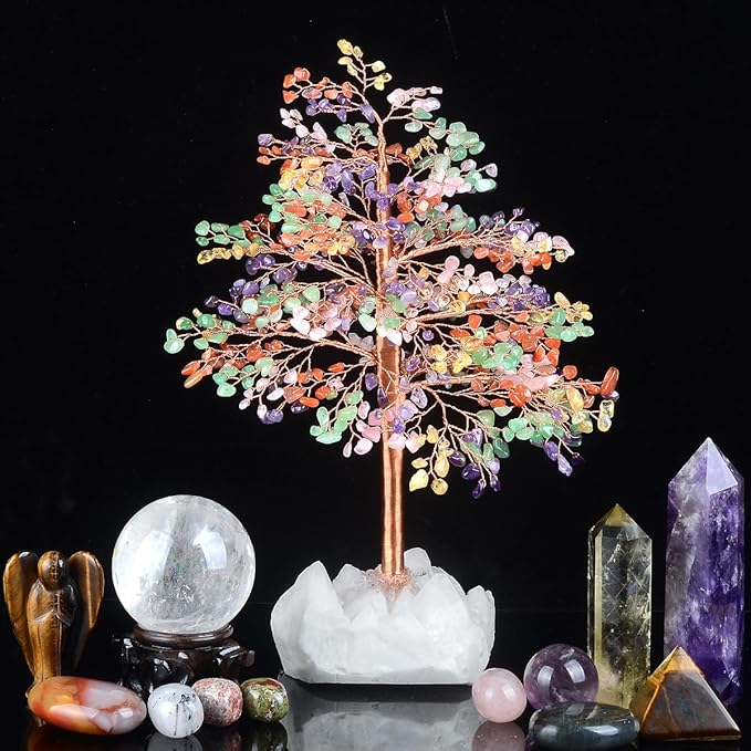 Gemstone Crystal Tree of Life,Quartz Base Chakra Tree,Feng Shui Money Tree Bonsai,Wealth Prosperity Good Luck Reiki Healing Crystals Balancing,Ornament Home Decor,Spriture Gift,Size 10-11"