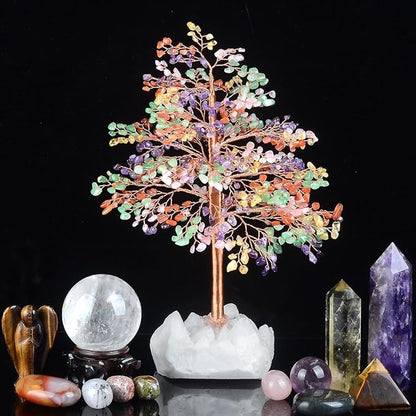 Gemstone Crystal Tree of Life,Quartz Base Chakra Tree,Feng Shui Money Tree Bonsai,Wealth Prosperity Good Luck Reiki Healing Crystals Balancing,Ornament Home Decor,Spriture Gift,Size 10-11"