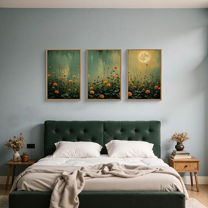 HOURIA Mystical Midnight Wildflower Framed Canvas Wall Art Set,Moonlit Orange Floral Wall Decor,Nature Inspired Landscape Artwork,Watercolor Art Prints for Living Room,Bedroom,Farmhouse-16 x24 x3