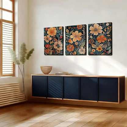 Kdyudo 3 pcs Vintage Orange Floral Framed Canvas Wall Art, Medieval Modern Floral Paintings, Natural Botanical Artwork, Bohemian Neutral Botanical Decorative Artwork, Living Room, Office, Office, 16x24 Inch