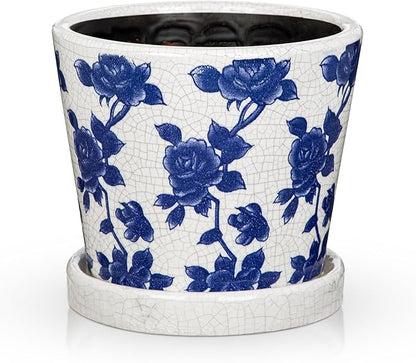 Ceramic Pot for Indoor Plants - 5.5 inch Flower Pot for Plants with Drainage Holes and Saucer Ice Crack Diamond Rose Flower Pattern Ceramic Planter for Outdoor Indoor Herb Snake Plant (Blue & White)