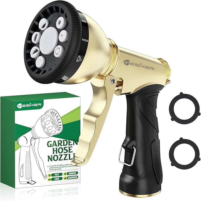 Yesker Garden Hose Nozzle, Water Hose Sprayer Nozzle Adjustable 9 Spray Patterns Heavy Duty Metal Water Nozzles for Hose Outdoor with Non-Slip Rubber Grip for Watering Plants Lawns Washing Cars Pets