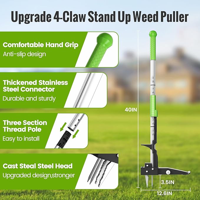 Weed Puller Tool - Dandelion Weed Puller Tool Stand Up Heavy Duty,Made with 40''Long Handle & Quick-Release Weed Ejector Mechanism & 4 Robustness Manganese Steel Claws,Hard to Break