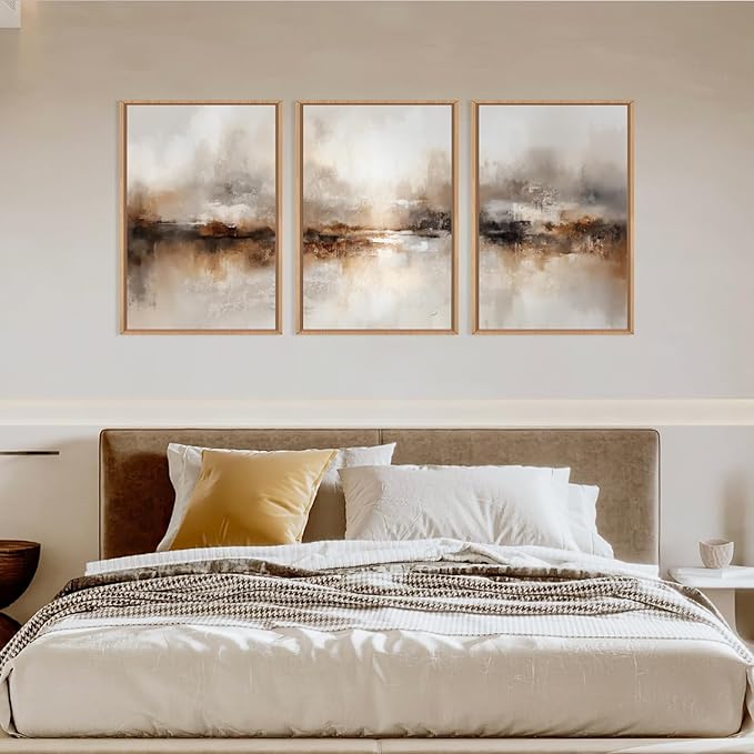 Large Abstract Brown Framed Canvas Wall Art,Neutral Brush Stroke Wall Decor,Modern Beige Gray Painting,Minimalist Textured Artwork for Living Room,Bedroom,Dining Room,Office -24"x36"x3