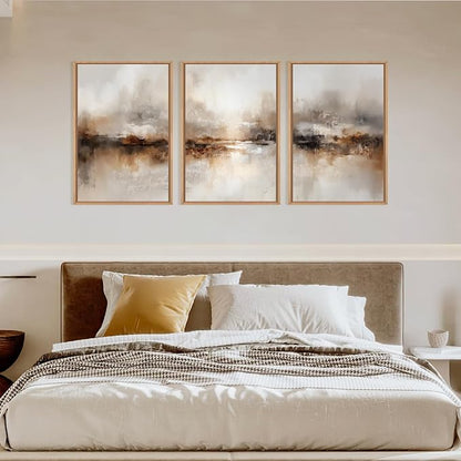 Large Abstract Brown Framed Canvas Wall Art,Neutral Brush Stroke Wall Decor,Modern Beige Gray Painting,Minimalist Textured Artwork for Living Room,Bedroom,Dining Room,Office -24"x36"x3