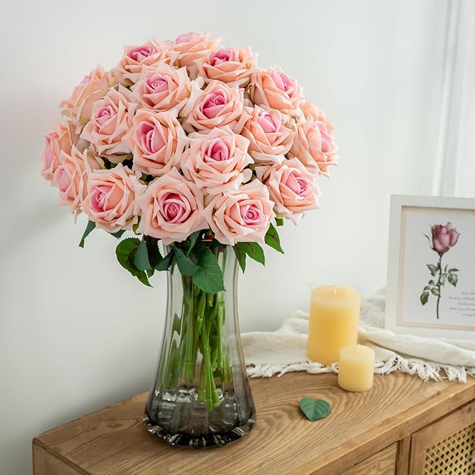 Fake Roses Faux Flowers Silk Roses Artificial Roses with Stems Realistic Artificial Flowers 16.5In Suitable for Indoor Home Decoration DIY Bouquet Wedding Decor Party Decor (Pink, 24PCS)