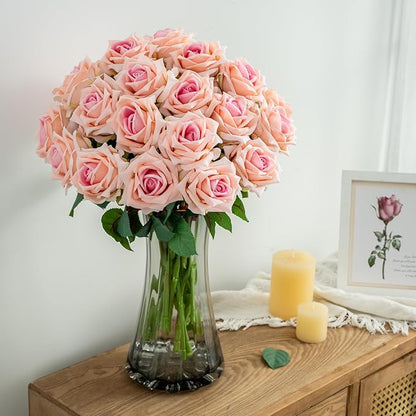Fake Roses Faux Flowers Silk Roses Artificial Roses with Stems Realistic Artificial Flowers 16.5In Suitable for Indoor Home Decoration DIY Bouquet Wedding Decor Party Decor (Pink, 24PCS)