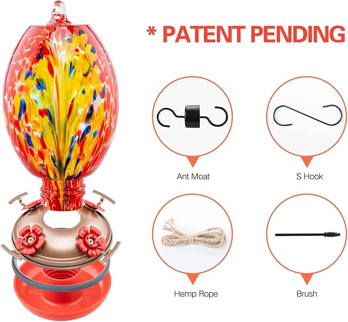 Muse Garden Glass Humming Bird Feeders for Outdoors - 27OZ Blown Glass Hummingbird Feeder - Unique Gift for Mom Bird Lovers Women, Outdoors Hanging Garden Decor, Includes Ant Moat & Brush, Red Phoenix