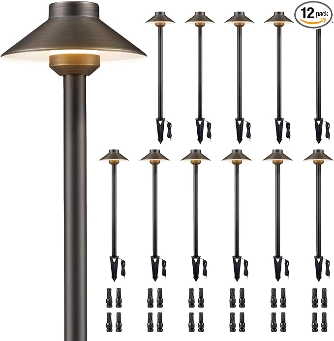 Gardenreet Solid Cast Brass Pathway Light - 12v Landscape Pathlights Outdoor Waterproof, Electric Path Lights Wired, Hat Shape Antique Bronze for Garden Decorations G4 Bulb Not Included (12 Pack)