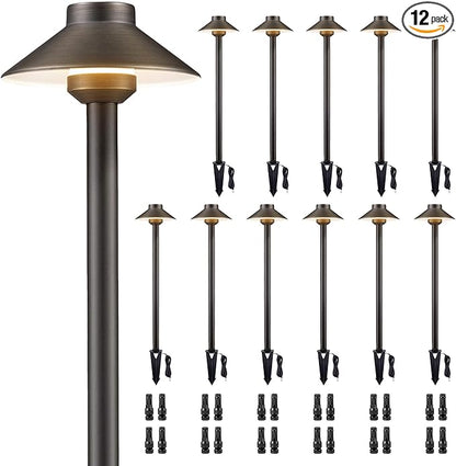 Gardenreet Solid Cast Brass Pathway Light - 12v Landscape Pathlights Outdoor Waterproof, Electric Path Lights Wired, Hat Shape Antique Bronze for Garden Decorations G4 Bulb Not Included (12 Pack)