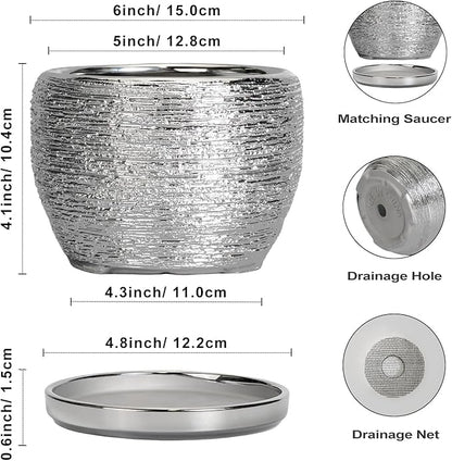 SQOWL Ceramic Plant Pots - 6 Inch Planter for Indoor Outdoor Plants, Modern Round Flower Pots with Drainage Hole and Saucer, Decorative Small Planter, Office Decor, Gifts for Women Men, Silver