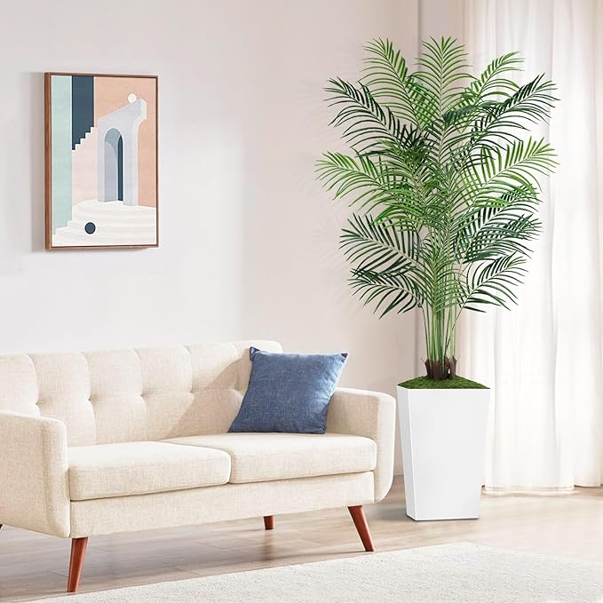 7ft Artificial Palm Tree with White Planter-Tall Artificial Indoor Plants, Fake Tropical Palm Tree, Faux Silk Plants for Home Office Living Room Bedroom Modern Decor
