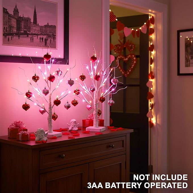 Valentines Day Decorations 2Pack Birch Tree with Hanging Heart-Shaped Ornaments, Lighted Artificial Trees with 24 LED Pink&Red Lights, Light Up Twig Tabletop Battery Operated for Home Indoor Table