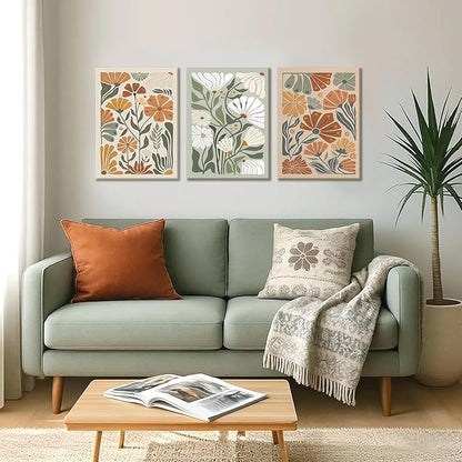 Kdyudo 3 pcs Framed Bohemian Wildflower wall art, Abstract Floral Canvas Print Green and Beige Hand-Painted Botanical Poster Modern Minimalist Style Wall Decor for Bedroom and Living Room 12x16 Inch