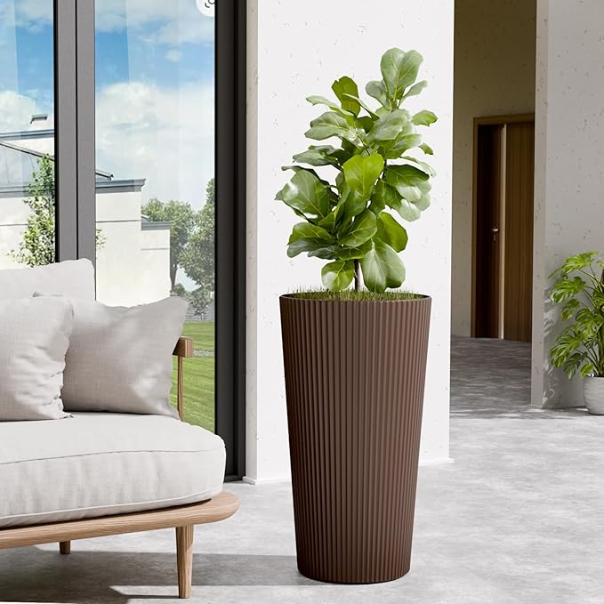 Tall Outdoor Planter Front Porch Decor Set of 2-23.6" H Tall Planters for Outdoor Plants with Drainage Hole, Round Conical Design Flower Pots for Indoor/Patio/Garden, Brown