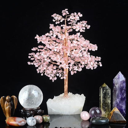 Rose Quartz Gemstone Crystal Tree of Life - Clear Quartz Base,Chakra Tree Positive Energy,Bonsai Money Tree Feng Shui Decor,Emotional Healing Crystal of Love, Spiritual Gift