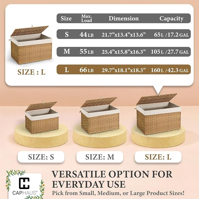 CAPHAUS Laundry Basket w/Lid, Synthetic Rattan Laundry Hamper w/Lid and Handles, 2 Removable Liner Bags, Foldable Clothes Hamper for Laundry, Large Storage Basket w/Lid, 160L, Brown