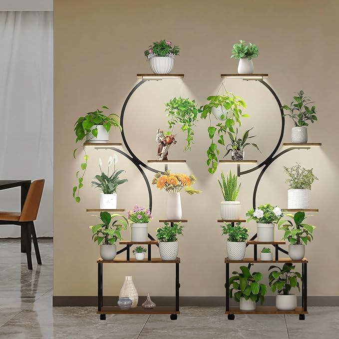 Plant Stand with Grow Light and Wheels, 8-Tiered Tall Plant Stands for Indoor Plants Multiple, Metal Plant Shelf Display Rack Holder, Flower Stand for Indoor Plants, Living Room, Garden, Patio (M)