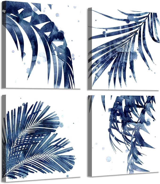 ARTISTIC PATH Watercolor Botanical Canvas Wall Art - Palm Leaves Picture Leaf Painting Prints Blue Plant Artwork for Bedroom Bathroom