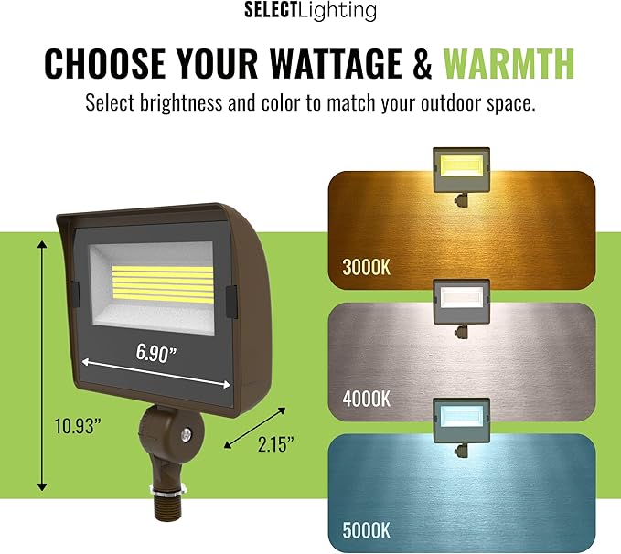 Select LED Flood Light with Photocell, 10W/20W/30W Wattage Selectable, 3900 Lumen, 3000K/4000K/5000K CCT, IP65 Waterproof, UL Certified Outdoor Security Light for Yard, Driveway (Knuckle Mount)