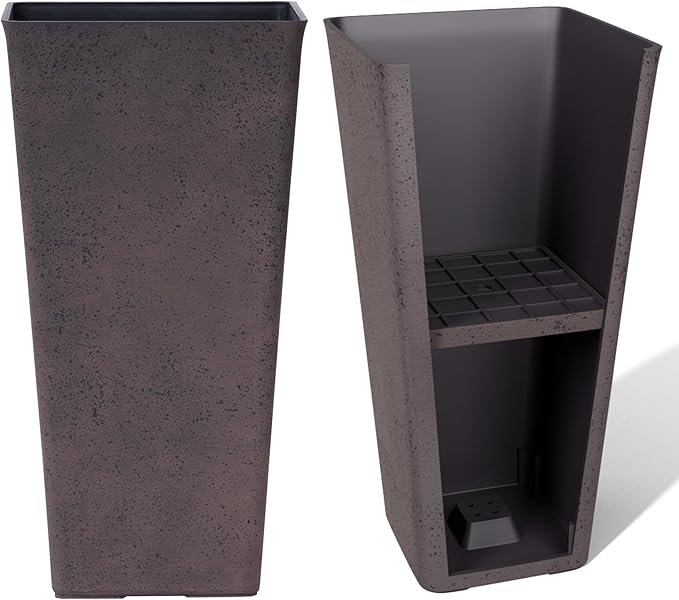 LA JOLIE MUSE 26 inch Tall Rectangular Planters for Outdoor & Indoor Plants, Set of 2 Modern Iron Planters with Trays, 26'' Iron With Tray